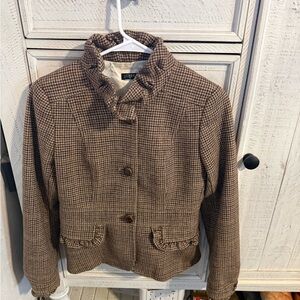 J. Crew Brown Houndstooth Ruffle-Trim Jacket
